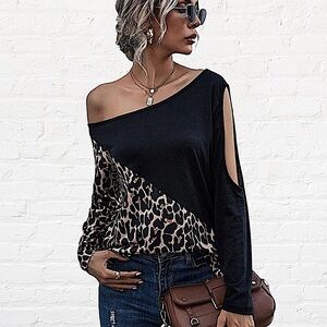 Asymmetric Leopard Color Block Long Sleeve Top